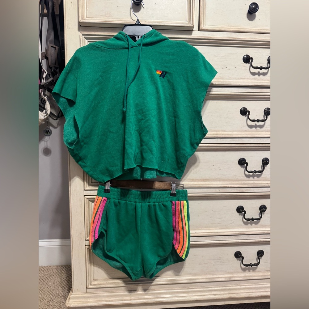 Aviator Nation Green Hoodie Set with Rainbow Stripe Shorts